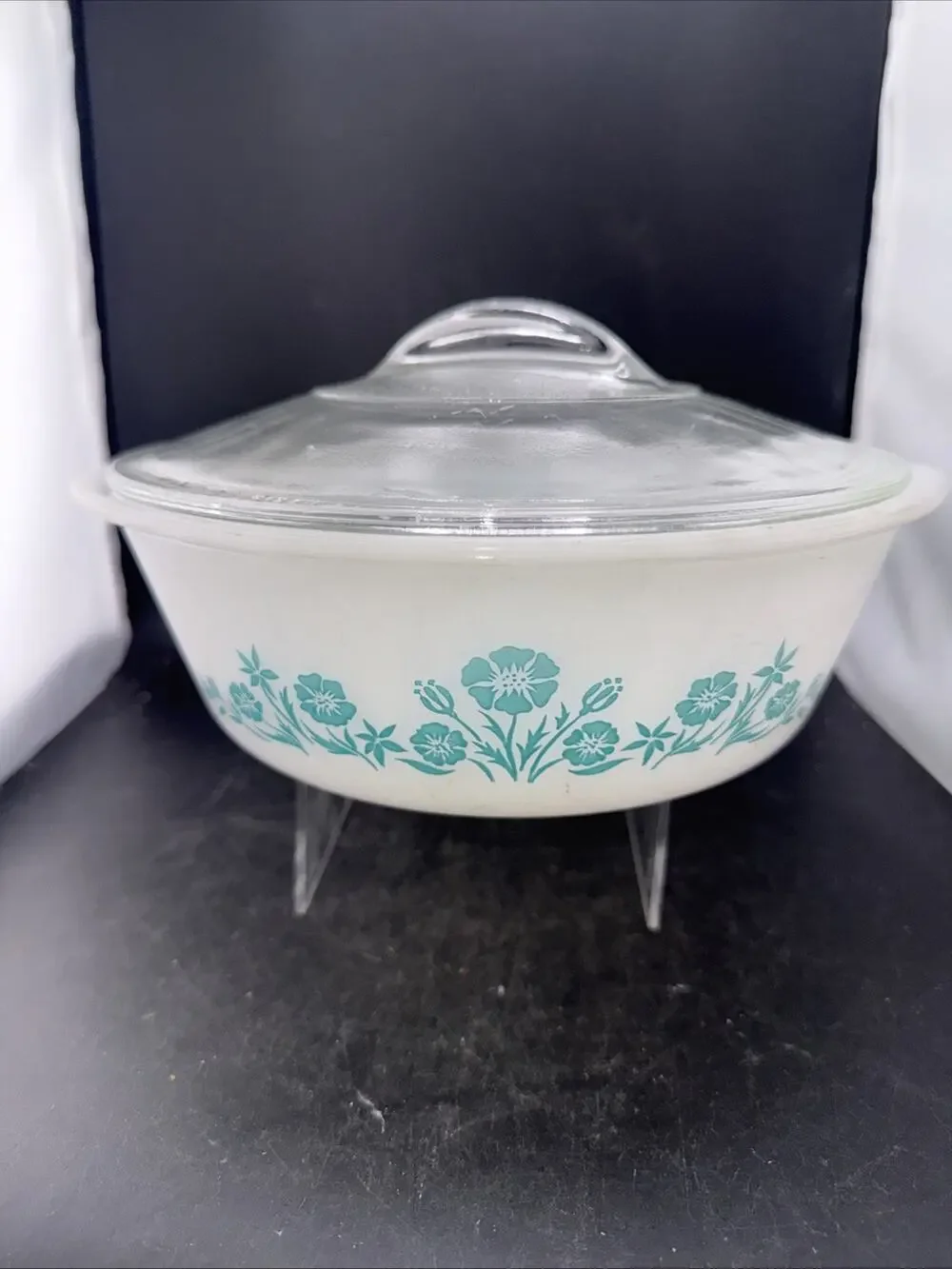 Vintage Glasbake J-2424 Turquoise Floral Round Casserole Dish w Glass Lid USA